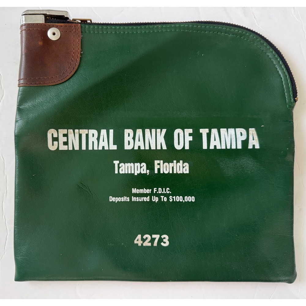 Vintage Central Bank of Tampa Florida Green Vinyl Locking Money Deposit Bag 4273